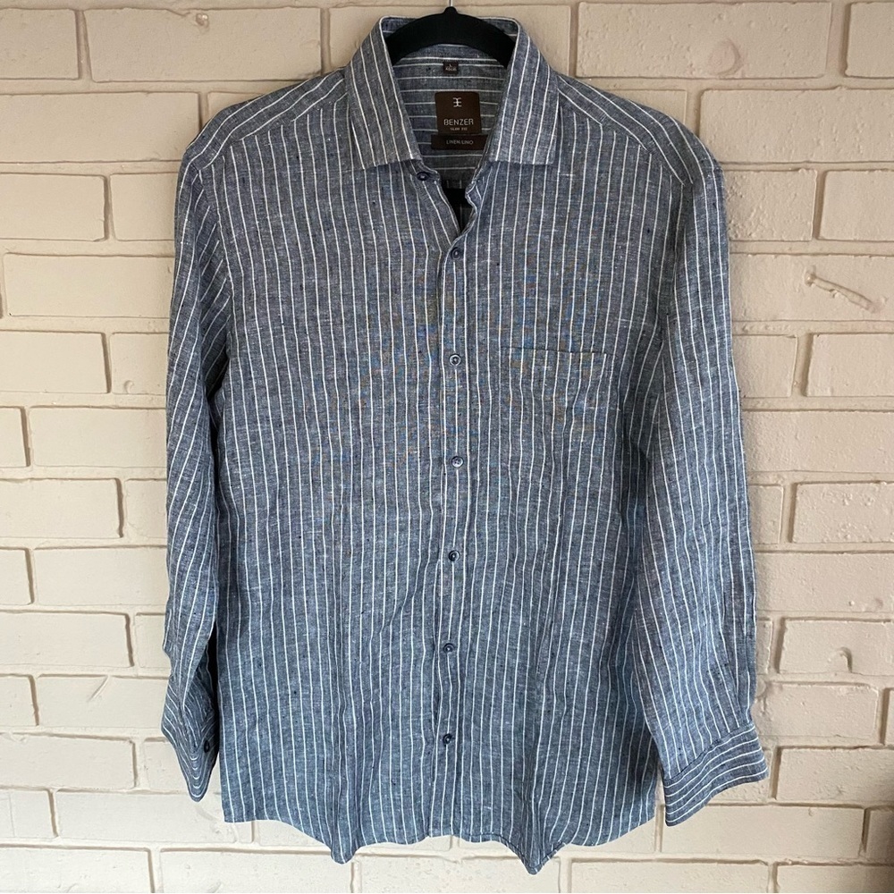 Benzer Men’s Gray Striped Slim Fit Long Sleeve 100% Linen Button Up Shirt Size L